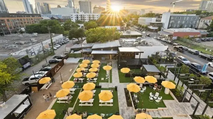 Aerial view of the Austin Garden Stage at sunset
